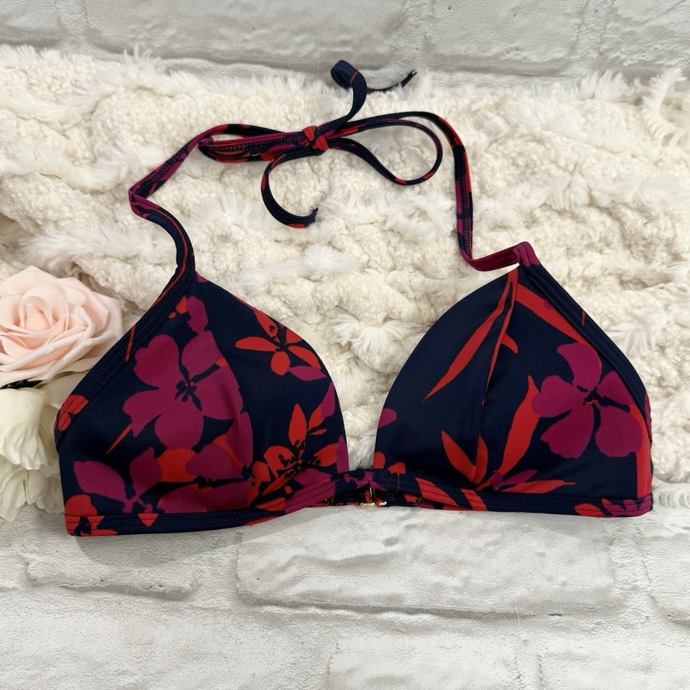 Victoria's Secret Bikini Top Women's Sz 34A Floral Halter Triangle Navy Tropical